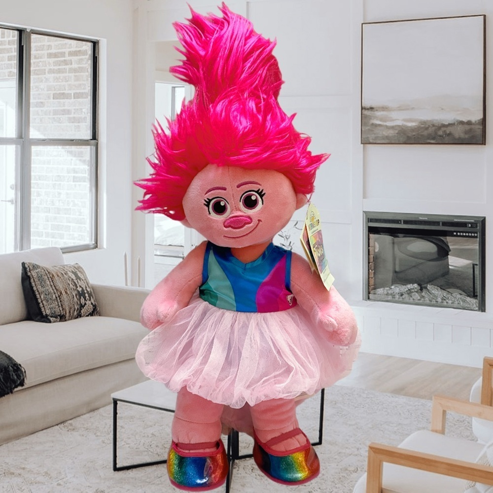 Build-A-Bear Troll Plush with Pink Hair and Rainbow Outfit